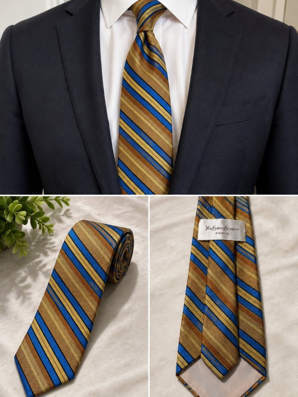 Yves Saint Laurent Paris Vintage Silk Tie Gold Blue Striped 54"